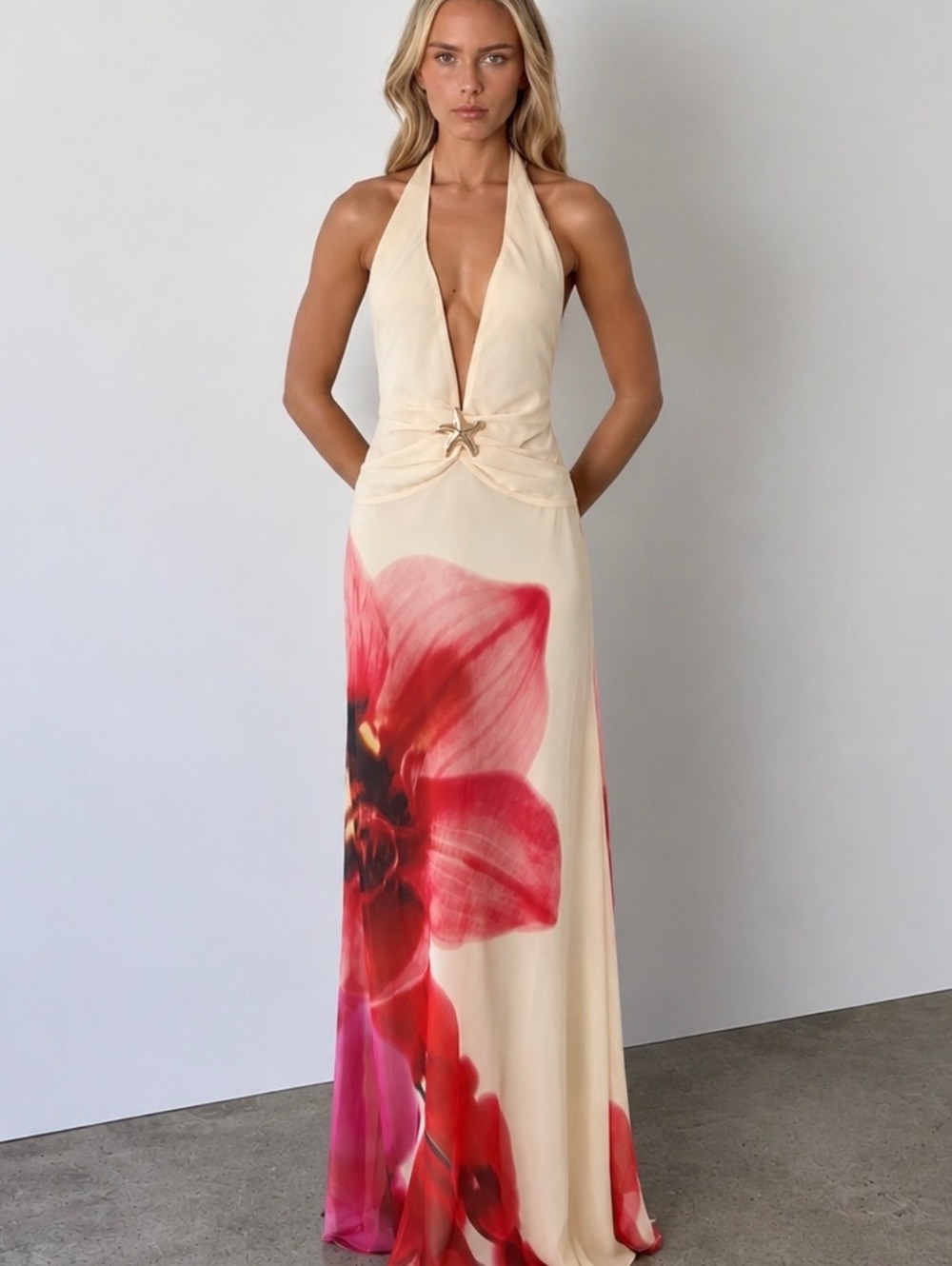 Peppermayo Maxi Dress Yellow Bloom Floral Halter Low Back Size 4